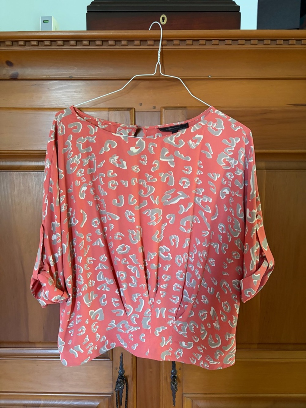 BCBGMaxAzria Coral and White Animal-Print Blouse size large